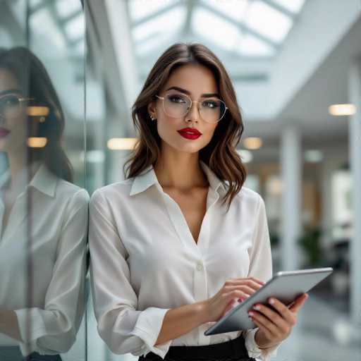 A stylish, seductive secretary with red lipstick and glasses stands in a modern office, leaning against a glass partition. She holds a tablet, her gaze directed at the viewer. Soft natural light reflects off the glass, creating a sophisticated and slightly alluring atmosphere. The image has a clean, contemporary aesthetic.