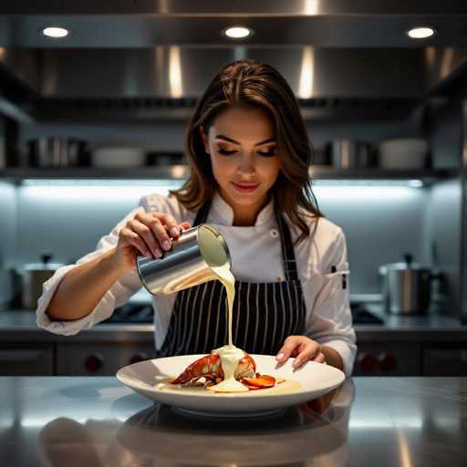 A culinary artist, a woman in a crisp white chef's jacket and striped apron, delicately pours a creamy white sauce over a plate of lobster bisque in a minimalist kitchen. The scene is bathed in soft backlighting, highlighting the shallow depth of field and emphasizing the sauce's rich texture. Her reflection subtly mirrors her action on the polished steel surface, creating a sophisticated and intimate ambiance.