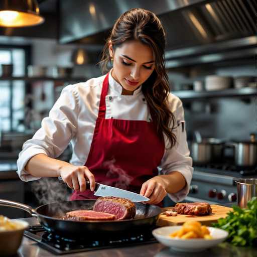 A culinary artist, a woman in a crisp white chef's jacket and vibrant crimson apron, expertly slices a rare beef tenderloin in a high-end kitchen. Steam rises from the hot pan, highlighting the dramatic lighting and shallow focus, creating a moody, cinematic atmosphere. The scene is captured with 8K realism.