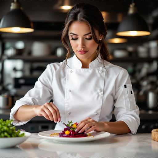 A stylish chef in a crisp white coat delicately garnishes a vibrant beetroot carpaccio, her focused expression adding to the image's mystique. The shallow depth of field highlights the intricate details, while soft shadows from pendant lights create a sophisticated, hyperrealistic culinary scene.