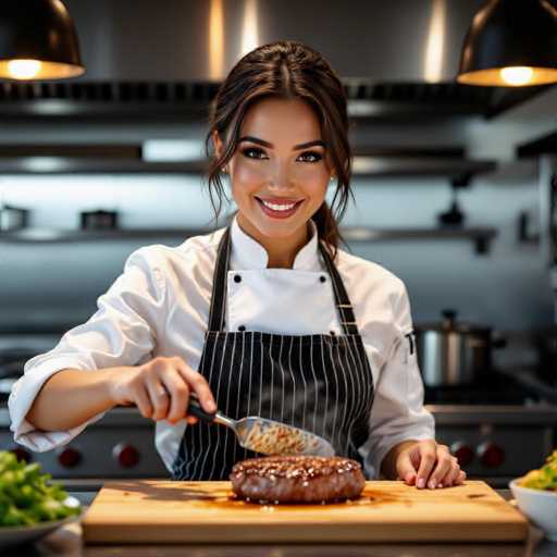 A confident, attractive chef with a warm smile expertly flips a perfectly seared steak on a wooden cutting board in a modern, high-end kitchen. The shallow depth of field highlights her and the steak, while subtle smoke adds a touch of culinary ambiance. The warm lighting enhances the hyperrealistic detail of the scene, emphasizing her skill and the deliciousness of the food.