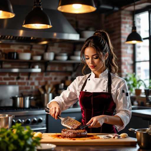 A seductive chef in a modern kitchen expertly flips a perfectly seared steak, the velvet corset adding a touch of elegance. The scene is bathed in cinematic light, highlighting the deep shadows and warm highlights as juices splatter on a wooden cutting board. The focus is sharp, emphasizing the chef's focused action and the deliciousness of the meal.