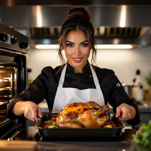 A sultry chef with smoky eyes and a confident smirk presents a perfectly roasted chicken in a professional kitchen. The low-angle shot highlights her commanding presence as she pulls the golden bird from a warm, glowing oven. The modern kitchen setting features ambient lighting and emphasizes her culinary expertise.