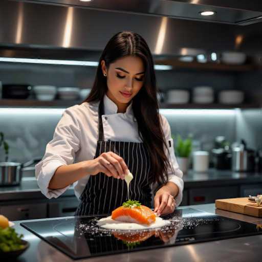 A captivating chef with flowing dark hair delicately garnishes a seared tuna dish on a sleek induction stove. The low-key lighting highlights the moody kitchen setting, with floating shelves and integrated LED lights creating a high-dynamic range image. The focus is on the chef's skillful hands and the artistic presentation of the dish, showcasing a modern culinary aesthetic.
