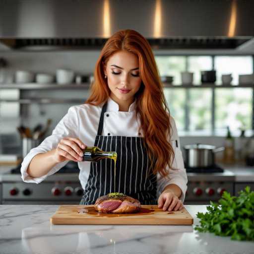 A stunning, sultry chef with vibrant red hair delicately drizzles truffle oil onto a perfectly seared duck breast on a wooden cutting board. The scene unfolds in a bright, minimalist glass-walled kitchen with marble countertops and soft natural light, showcasing a high-detail photorealistic render.
