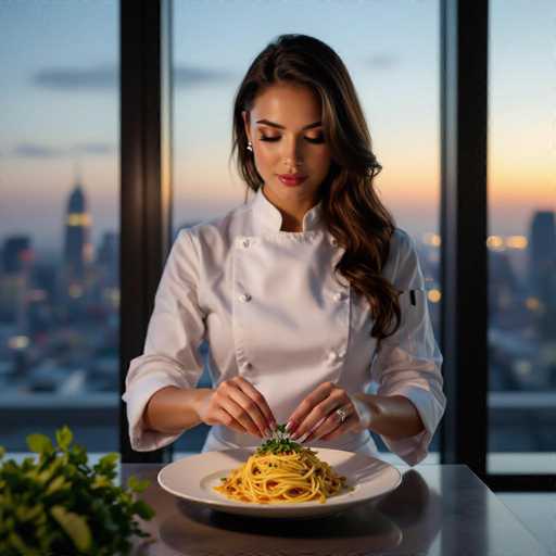 A captivating female chef in a crisp white coat meticulously garnishes truffle pasta on a pristine white plate. The soft golden hour light bathes the scene, highlighting her delicate hands and the vibrant dish as she prepares it against a blurred city skyline viewed through a large window. The wide-angle shot creates a cinematic, intimate feel.