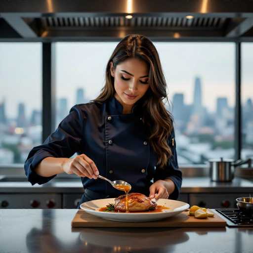 A stylish chef in a navy jacket meticulously sauces a beautifully seared duck breast, the rich jus glistening. The focus is on her hands and the dish, while a blurred urban skyline hints at a sophisticated kitchen setting. The image showcases a professional food photography style with shallow depth of field, emphasizing elegance and culinary artistry.