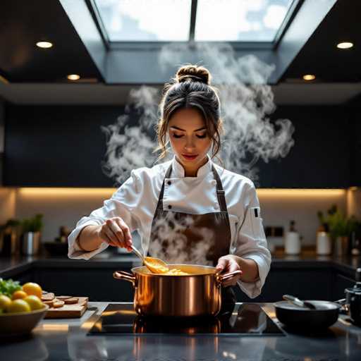 A focused chef in a minimalist kitchen stirs a bubbling sauce in a copper pot, her silk camisole subtly visible beneath the chef's jacket. The dramatic steam and golden hour light from the skylight create a high-angle, intimate shot emphasizing her intent expression. The dark matte black cabinetry and recessed lighting enhance the modern aesthetic.