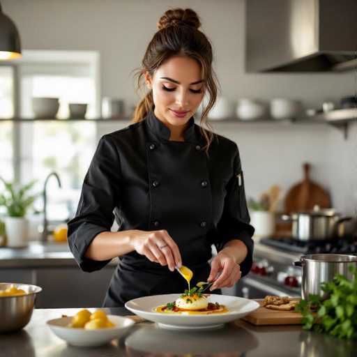 A stylish female chef in a black chef's coat meticulously plates a gourmet dish with golden butter sauce and fresh herbs in a modern kitchen. Soft, warm light creates a cinematic atmosphere, highlighting the shallow depth of field and showcasing the chef's focused hands. The composition is realistic and elegant, emphasizing culinary artistry.
