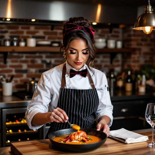 A sultry chef, adorned with smoky makeup and a velvet bowtie, meticulously plates a luxurious lobster bisque. The scene unfolds in a warmly lit, upscale kitchen with exposed brick and reclaimed wood accents, showcasing the chef's focus. The spatial arrangement highlights the culinary artistry against a backdrop of professional kitchen elements like a built-in wine cooler.