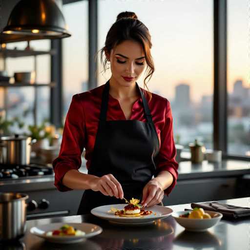 A sophisticated female chef, dressed in a crimson silk blouse and black apron, meticulously plates a gourmet dish with gold leaf accents. The warm golden hour light streams through the modern kitchen's floor-to-ceiling windows, creating a soft, cinematic ambiance. The shallow depth of field focuses on the chef's delicate movements and the beautifully plated food, showcasing a realistic photography style.