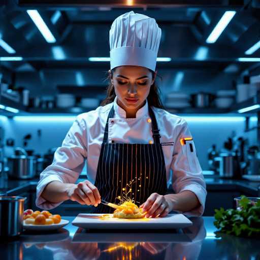 A culinary artist in a futuristic chef's uniform meticulously crafts a molecular gastronomy dish in a sleek, high-tech kitchen. Glowing accents illuminate the scene, reflecting on polished surfaces. The ultra-realistic photography emphasizes a sci-fi aesthetic with focused lighting and a sense of precision in the chef's delicate movements.