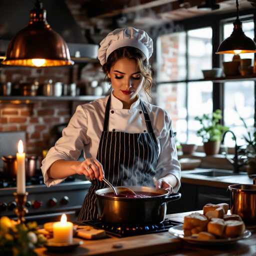 A stylish, mysterious chef in a vintage kitchen stirs a deep crimson soup with focused intensity. Warm candlelight casts dramatic shadows on the exposed brick and copper accents, highlighting photorealistic details in this moody, intimate scene. The shallow focus draws attention to the chef's focused hands and the simmering pot.