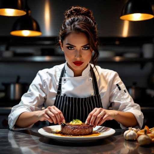 A sultry chef in a crisp white uniform meticulously arranges a perfectly plated steak, showcasing culinary artistry. The dramatic chiaroscuro lighting highlights the textures of the food and her intense gaze, set against a dark, industrial kitchen backdrop. The focus is on precision and the artistry of food preparation.