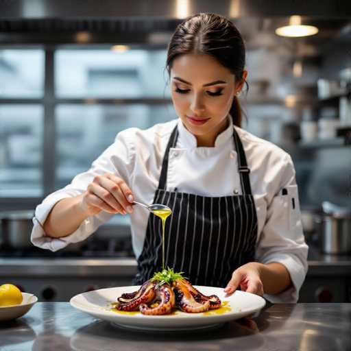 A glamorous chef in a white chef's coat and black apron delicately drizzles olive oil over grilled octopus on a white plate. The focus is on her focused eyes and the glistening oil droplets, set against a softly blurred, steamy kitchen backdrop. The image has a shallow depth of field, emphasizing the chef's precision and the culinary artistry.