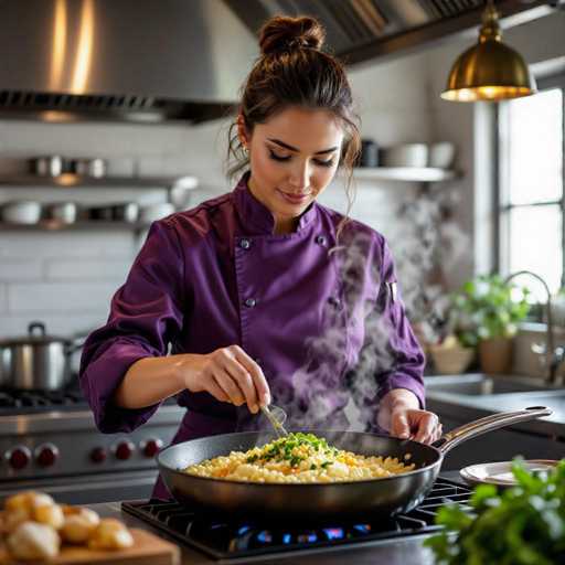 A captivating chef in a deep purple satin coat expertly garnishes truffle risotto, steam swirling around the pan. The sunlit industrial kitchen features vintage brass fixtures and a rich color grading, creating a documentary-style realism. The focus is on the chef's delicate movements and the luxurious dish, highlighting a moment of culinary artistry.
