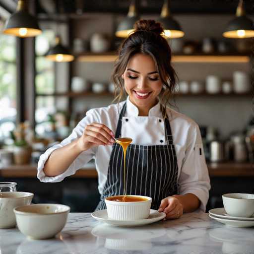 A confident, sultry chef with a warm smile delicately drizzles caramel onto a crème brûlée on a marble counter. Artisanal ceramic bowls and glassware surround her, bathed in soft ambient light from pendant lamps. The hyperrealistic image showcases food styling perfection with a shallow depth of field, emphasizing the chef's focused action.