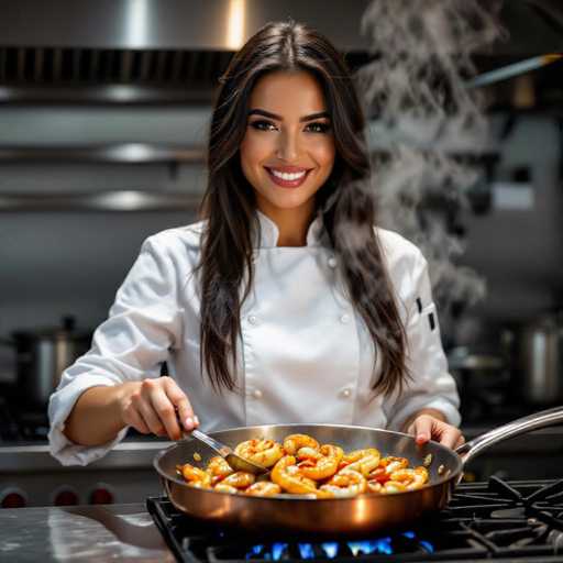 A confident, sultry chef with long dark hair and a warm smile expertly sautés shrimp in a copper pan. The shallow depth of field highlights the sizzling ingredients, while dramatic side lighting creates shadows on her face and a smoky atmosphere in the professional kitchen setting.