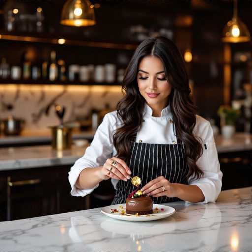 A captivating chef with flowing dark hair meticulously garnishes a rich chocolate mousse, her focused expression highlighting the delicate details. The scene unfolds in a sophisticated, warmly lit kitchen with dark wood and marble accents, showcasing a custom-built wine bar. The photorealistic image emphasizes the chef's artistry and the luxurious ambiance.