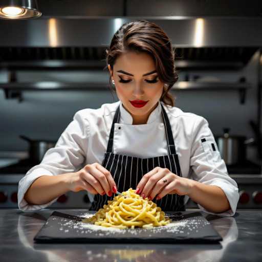A stunning chef with bold red lips and a focused gaze meticulously arranges truffle pasta on a slate platter. The moody chiaroscuro lighting highlights the glossy, reflective stainless steel kitchen surfaces and the chef's elegant white uniform. The high-resolution detail captures a moment of culinary artistry, embodying a sophisticated Vogue aesthetic.