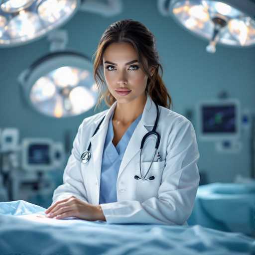 A photorealistic image depicts a powerful female doctor in a crisp white lab coat, positioned beside an operating table in a high-tech surgical suite. Her intense gaze and commanding presence are emphasized by sharp contrast lighting and metallic reflections, creating a focused, professional atmosphere.