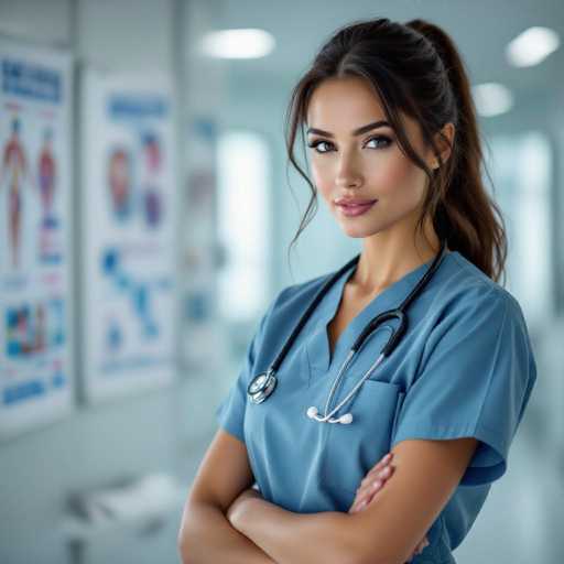 A confident, attractive female doctor in blue scrubs stands poised in a modern hospital setting. She wears a stethoscope draped over her shoulder, her gaze direct and magnetic. The ultra-high-definition image features a soft focus background of medical posters, emphasizing her presence in the clean, professional environment. The art style is realistic and studio-lit.