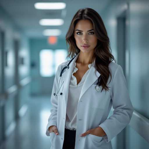 A captivating female doctor in a crisp white coat stands in a softly lit hospital hallway, her intense gaze drawing the viewer in. The shallow depth of field emphasizes her and creates a cinematic feel, highlighting her confident posture with one hand in pocket and the other holding a pen. The hyper-realistic details showcase her skin texture and fabric, creating a visually compelling image.