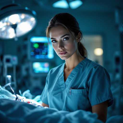 A focused nurse in a blue surgical gown dominates the dimly lit emergency room, her intense gaze directed towards the viewer. Surgical tools and glowing monitors create a stark contrast in the low-lit space, emphasizing the high-contrast, ultra-detailed realism of the scene. The spatial relationship highlights the nurse's central role in this critical environment.