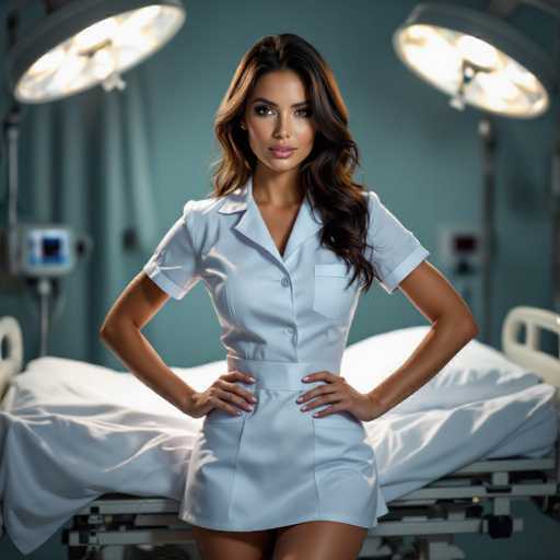 A strikingly beautiful nurse in a tailored white uniform commands attention, leaning confidently against a hospital gurney. The hyper-realistic image features dramatic lighting and detailed textures, emphasizing her direct gaze and creating a powerful, intimate portrait within a sterile medical setting.