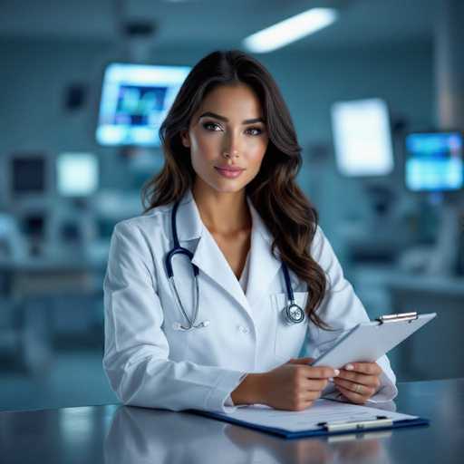 A confident, sultry female physician in a white coat and stethoscope sits at a stainless steel counter, holding a clipboard. Soft blue LED lighting from blurred monitors creates an intimate atmosphere. The image is ultra-detailed, showcasing textures and a direct gaze, emphasizing professionalism in a modern medical setting.