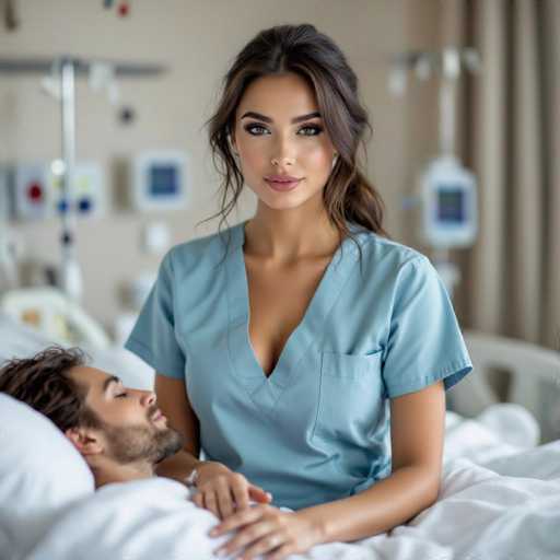 A healthcare worker in a light blue, deep V-neck uniform stands beside an asleep patient in a hospital bed. Her confident posture and subtle makeup create a sensual yet professional aesthetic, captured with sharp focus by a DSLR lens. The spatial relationship highlights the nurse's presence beside the patient, emphasizing a moment of care within a clinical setting.