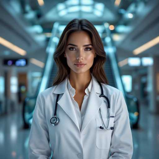 A strikingly glamorous female doctor in a crisp white coat stands confidently in a modern, futuristic hospital atrium. The image showcases her direct gaze and captivating presence against the blurred backdrop of glass elevators and digital displays, rendered with ultra-realistic detail and high dynamic range lighting.