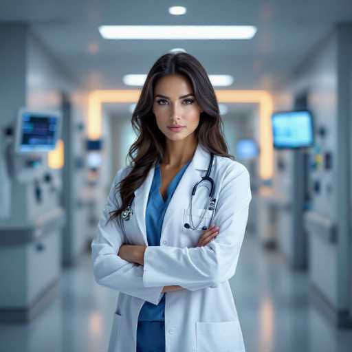 A confident, seductive woman doctor in a crisp white lab coat stands center-frame in a modern hospital corridor. Her intense gaze and crossed arms create a powerful presence amidst the soft, ambient lighting and blurred medical equipment. The cinematic realism and shallow depth of field emphasize her focused demeanor within the sterile, yet subtly alluring, medical environment.