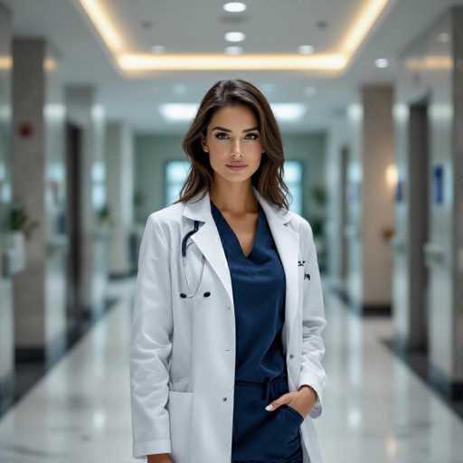 A sophisticated medical professional in a crisp white coat and navy scrubs stands confidently in a sterile hospital lobby. The wide-angle shot emphasizes the hallway's depth, with soft bokeh blurring the background, drawing focus to her professional yet alluring presence. The marble floor and glass partitions enhance the clean, modern aesthetic.