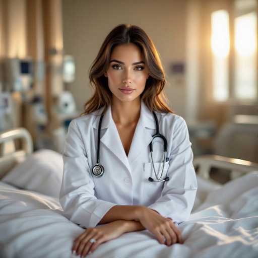 A confident, sultry female physician in a crisp white coat and stethoscope sits on a hospital bed. The image features a close-up, high-resolution portrait with golden hour lighting and subtle lens flare. Her direct gaze creates a connection with the viewer, emphasizing her professional presence within a softly blurred hospital setting.