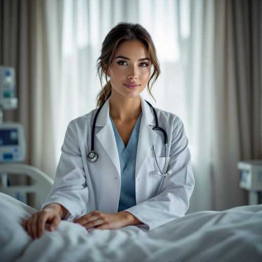 A stunning female doctor in a crisp white coat sits beside a hospital bed, her hand resting gently on the rail. Soft natural light filters through sheer curtains, creating a serene atmosphere. The ultra-realistic image showcases her alluring gaze and detailed skin texture, rendered in a high-end fashion photography style with studio lighting.