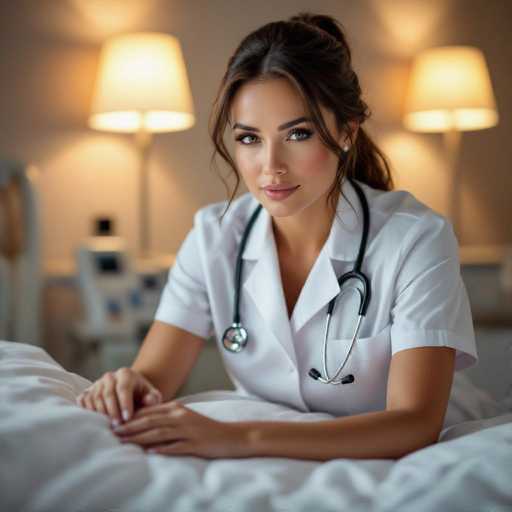 A captivating, high-resolution portrait of a female doctor in a crisp white uniform leans over a softly lit patient's bed. Her direct gaze and warm, detailed skin create an intimate connection. The shallow depth of field emphasizes her presence against the blurred background of bedside lamps, bathed in peach and cream tones. The art style is realistic, focusing on texture and a soft, inviting ambiance.