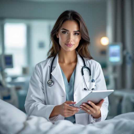 A sharply focused, ultra-realistic image depicts a sultry female doctor in a modern hospital setting. She wears a white coat and stethoscope, holding a digital tablet while standing beside a patient's bed. Her direct gaze creates a magnetic presence, bathed in soft ambient lighting. The spatial relationship emphasizes her professional focus within the clinical environment.