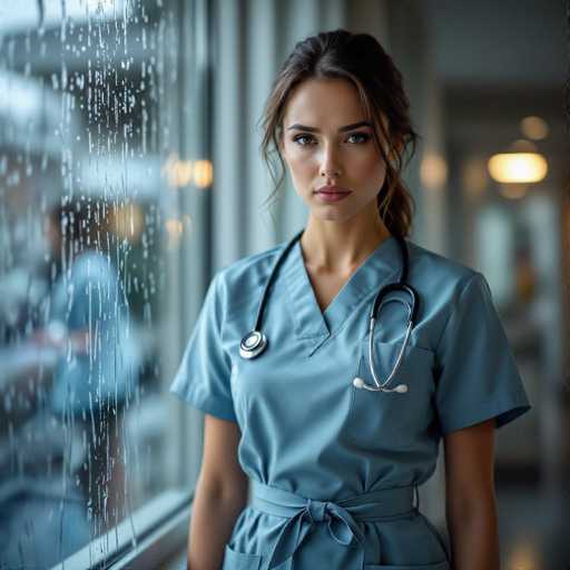 A nurse in a teal uniform stands intently before a rain-streaked hospital window, her gaze direct and captivating. The shallow depth of field emphasizes her focused expression against the soft, moody lighting, creating a realistic and slightly dramatic portrait. The spatial relationship places her as the central focus within the softly blurred background of a clinical setting.