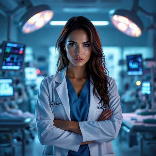 A captivating, hyperrealistic portrait of a female doctor in a white lab coat dominates the neon-lit emergency room. Her intense gaze and crossed arms create a magnetic presence amidst the blurred, flickering medical equipment. Dramatic shadows and reflective surfaces enhance the sterile yet powerful atmosphere of this focused, professional figure.