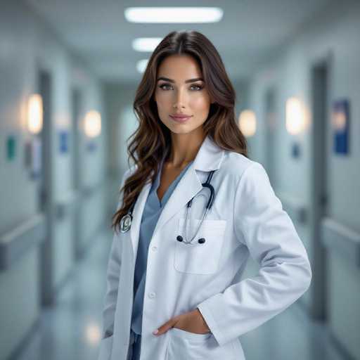 A confident female physician in a crisp white lab coat stands in a softly lit hospital corridor, her hand casually resting on her hip. The photorealistic image showcases detailed textures and a shallow depth of field, creating an alluring, high-fashion editorial feel. The spatial relationship emphasizes her as the central focus within the blurred background of the hallway.