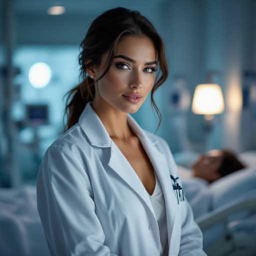A serene, photorealistic image features a captivating female physician in a pristine white lab coat, softly illuminated in a dimly lit hospital room. She gazes directly at the viewer with an alluring expression, while a patient lies peacefully in the background. The shallow depth of field emphasizes her and creates a luxurious, magazine-style aesthetic.