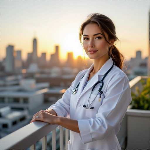 A captivating female doctor in a white uniform stands on a rooftop garden, gazing at a city skyline bathed in golden sunset light. Her hand rests gently on the railing, creating a serene and hopeful atmosphere. The wide-angle lens emphasizes the immersive perspective of this professional portrait, showcasing ultra-detailed skin and fabric.