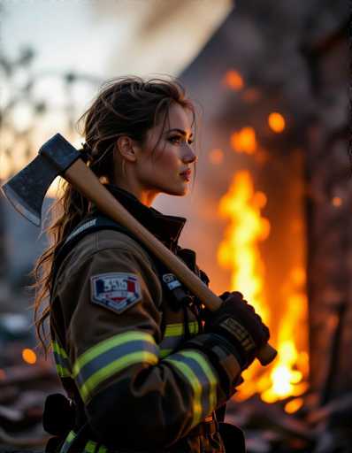 A determined female firefighter in full gear stands silhouetted against a fiery sunset, holding an axe. The warm flames create a dramatic bokeh background, highlighting her muscular form and the texture of her protective suit. The shallow depth of field emphasizes her resolute profile.