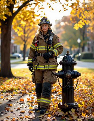 A photorealistic portrait showcases an alluring female firefighter in full gear, posed next to a fire hydrant in an autumn park. Fallen leaves create a warm, dappled ground, illuminated by soft natural light filtering through trees. The composition is cinematic and detailed, emphasizing the firefighter's presence against the urban backdrop.