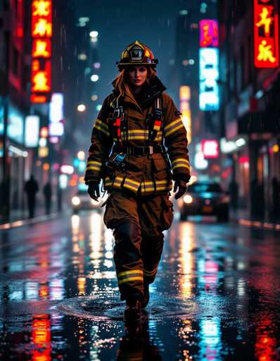 A determined female firefighter, clad in wet turnout gear, strides through a rain-slicked city street illuminated by vibrant neon signs. Puddles reflect the dazzling lights, creating a cyberpunk atmosphere with cinematic lighting and detailed water droplets. The scene evokes a sense of resilience and urban grit.