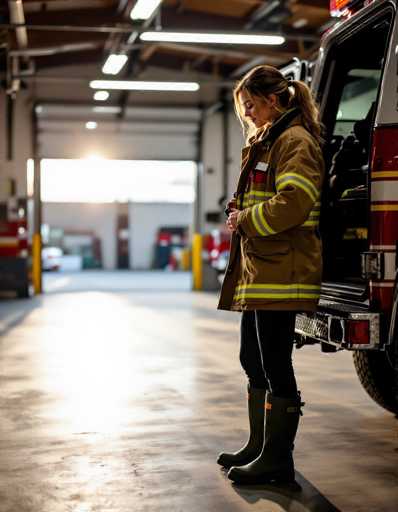 A firefighter in a tan turnout coat adjusts her gear near a fire truck in a softly lit garage. The scene features intimate shadows and the texture of rubber boots on a concrete floor, creating a quiet, focused moment. The composition emphasizes fabric detail and the contrast between light and shadow.