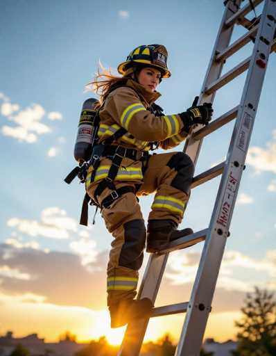 A female firefighter in full gear ascends a ladder against a dramatic sunset, captured with a low angle and motion blur. Her muscular form is highlighted beneath the protective suit, conveying dynamic action. The scene evokes a cinematic feel with warm light and a focus on the determined figure.