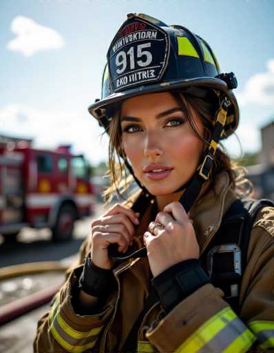 A captivating close-up features a seductive firefighter adjusting her helmet, intense gaze meeting the viewer. The gritty industrial background with fire trucks and hoses is bathed in harsh sunlight, highlighting sweat on her skin. Cinematic photography and rich color grading create a detailed, powerful image.