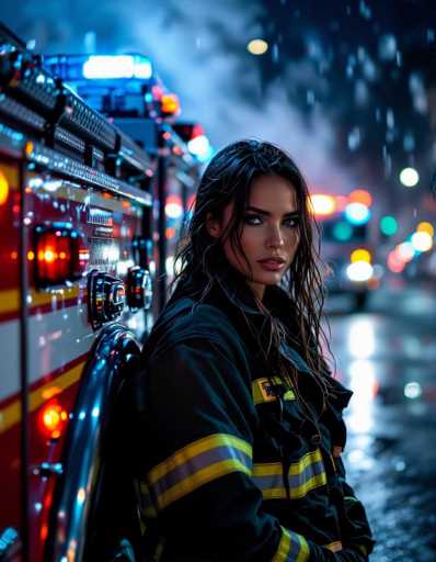 A sultry female firefighter in a dark jacket leans against a gleaming fire engine, rain reflecting on the wet asphalt. Cinematic bokeh lights create a cool blue and orange palette in this high-resolution portrait, emphasizing the powerful contrast between her and the urban night.